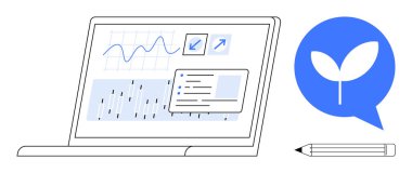 Veri analizi, çevre dostu teknoloji, sürdürülebilir büyüme, iş planlaması, yenilenebilir enerji ve dijital araçlar. Grafikli dizüstü bilgisayar ve yeşil büyümenin mavi sembolü. Veri analizi ve çevre dostu