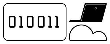 Veri depolama, bulut hesaplama, programlama, siber güvenlik, dijital dönüşüm, bilgi paylaşımı. Laptop ve bulut grafikli ikili kod. Veri depolama ve bulut hesaplama kavramı
