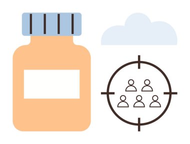 Hedef kitlenin yanında bir ilaç şişesi bulutun altında insanların siluetini tutuyor. Sağlık, kamu sağlığı, hedef belirleme çözümleri, tıbbi araştırma, nüfus çalışmaları, kişisel bakım için ideal