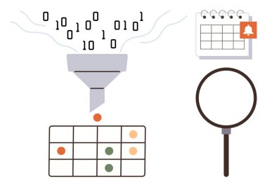 İkili veri yapılandırılmış bir tabloya giden bir huniye girer, uyarısı ve büyüteci olan bir takvimle tamamlanır. Veri işleme, organizasyon, analiz, verimlilik için ideal
