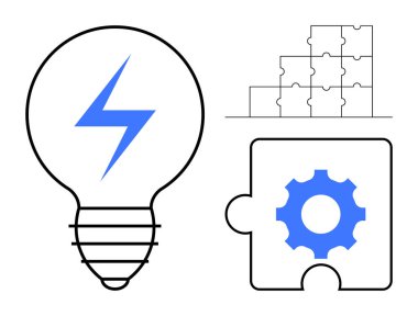 Yenilik kavramı. Yıldırım fikirli basit bir ampul, takım çalışması için yapboz parçaları ve tamamlanma süreci. Beyin fırtınası, işbirliği, iş akışı, problem çözme için mükemmel.