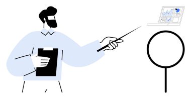 Veri analizi, iş stratejisi, profesyonel eğitim, piyasa araştırması, eğitim, bilgi paylaşımı. Elinde pano olan kişi dizüstü bilgisayardaki analitik görüntüyü gösteriyor. Veri analizi ve iş