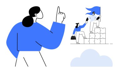 Liderlik, takım çalışması, işbirliği, hedef başarısı, destek, problem çözme. Yukarı bakan bir kadın ve elinde bayrak tutarken bir yapboz merdiveni inşa eden insanlar. Liderlik ve takım çalışması kavramı