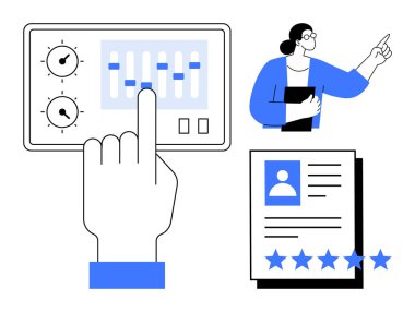 Kontrol paneli kaydırıcıları ile el etkileşimi, yıldız dereceli profil gösteren belge, ve yönü gösteren denetçi. İş gücü yönetimi, performans incelemesi, teknik arayüzler ve kullanıcı için ideal