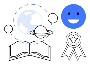 Eğitim, bilim, keşif, başarı, başarı, mutluluk. Açık kitap, küresel gezegenler, gülümseyen yüz için kurdele tasarımı. Açık kitap ve gezegen sistemiyle eğitim ve bilim