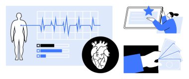 Sağlık teknolojisi, finansal işlemler, kullanıcı geribildirimi, kardiyoloji, dijital aletler, tıbbi teşhisler. Kalp monitörlü insan figürü, ödeme teslimi ve elektronik etkileşim. Sağlık Hizmetleri