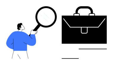 İş araması, iş analizi, işe alım, kariyer geliştirme, veri incelemesi, profesyonel fırsatlar. Birisi evrak çantasının yanında büyüteç tutuyor. İş arama ve iş analizi