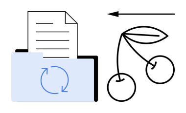Veri senkronizasyonu kavramı. Doğa sembolleri denge ve sürdürülebilirliğe bağlı eşzamanlama simgesi ve belgesine sahip dizin. Teknoloji, eko-tasarım, veri depolama ve iş akışı sistemleri için
