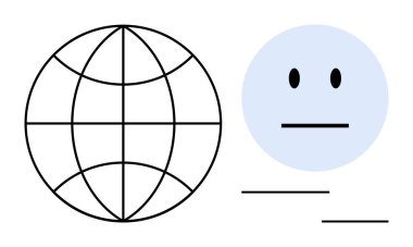 Küresel bağlantı, dijital medya, çevrimiçi kimlik, iletişim, dünya çapında erişim, sosyal etkileşim. Tarafsız bir yüzün yanında bir küre. Genel bağlantı ve çevrimiçi kimlik