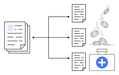 Veri yönetimi, finansal planlama, sağlık hizmetleri, kayıt dağılımı, kaynak tahsisi, dijital işlemler. Dosyalara ayrılan evraklar ve bozuk paralarla dolu bir konteynır. Veri yönetimi
