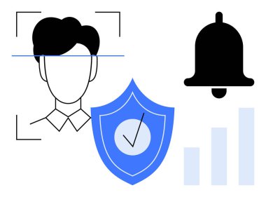 Biyometrik güvenlik kavramı. Yüz tanıma, kalkan, uyarı zili ve grafikle biyometrik doğrulama. Teknolojide biyometrik kullanım, güvenlik, veri analizi, dijital eğilimleri uyarır