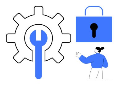 Veri koruması, siber güvenlik, kullanıcı gizliliği, sistem bakımı, dijital aletler, teknoloji. İngiliz anahtarı, kilit ve işaret eden biri. Veri koruması ve siber güvenlik kavramı