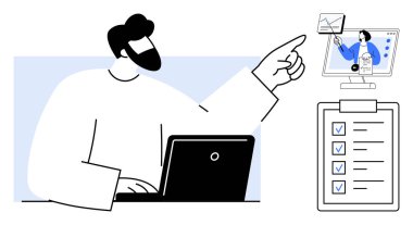 Uzaktan çalışma konsepti. Uzaktan çalışma dijital araçlar ve görev yönetimi ile işbirliğini teşvik etmektedir. Uzaktan çalışma üretkenliği ve etkili iletişimi vurgular. Bağımsızlar, takımlar ve iş dünyası için