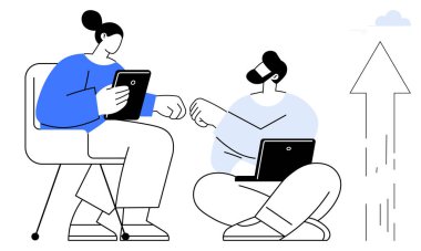 İşbirliği, takım çalışması, verimlilik, teknoloji, uzaktan çalışma, dijital büyüme. İki kişi tablet ve dizüstü bilgisayar kullanarak iletişim kuruyor. Üretkenlik teknolojisiyle işbirliği ve takım çalışması