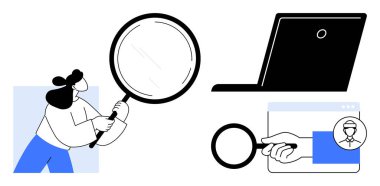 Kimlik doğrulama, çevrimiçi güvenlik, kimlik doğrulama, dijital arama, dolandırıcılık önleme, veri analizi. Elinde büyüteç, dizüstü bilgisayar ve profil taraması olan biri. Kimlik doğrulaması