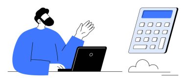 Finansal planlama, teknoloji entegrasyonu, veri yönetimi, uzaktan çalışma, iş çözümleri, online araçlar. Bulut bağlantılı hesap makinesine el kol hareketi yapan bir adam. Mali planlama