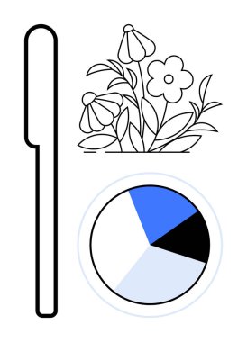 Veri görselleştirme, doğa koruma, analitik, bilgi grafikleri, çevre araştırmaları, sürdürülebilirlik. Çizgi resim çiçekleri ve dikey şekilli bir pasta grafiği. Doğayı koruma ve veriler