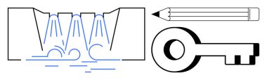 Yaratıcılık, güvenlik, tasarım süreci, su akışı, mühendislik, kavramlar. Şelale, kalem ve anahtarın minimalist çizimi. Yaratıcılık ve güvenlik kavramları su akışı ve bir anahtar ile gösterilir