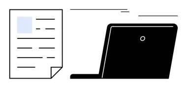 Dijital işlemeyi, iletişimi, kağıtsız iş akışını temsil eden dizüstü bilgisayarın yanındaki belge. Üretkenlik, teknoloji, uzaktan çalışma, otomasyon, iş, eğitim için ideal basit düz metafor