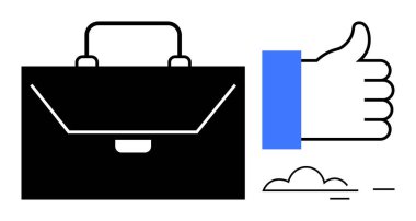 İş onayı konsepti. Geri bildirim ve başarıyı vurgulayan iş çantası ve baş parmak işareti. Girişimcilik faaliyetleri, ofis kültürü, işbirliği, pazarlama ve liderlik için ideal