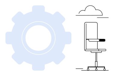 Üretkenlik, işyeri verimliliği, ofis mobilyası, iş çözümleri, takım çalışması, ergonomik. Modern ofis sandalyesi soyut bulut tasarımlı büyük vites simgesinin yanında. Verimlilik ve işyeri