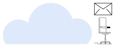 Veri depolama, çevrimiçi iletişim, iş araçları, bulut sistemleri, ofis yönetimi, gelecekteki teknoloji. Sandalye ve zarf hatlarıyla basit bulut şekli. Veri depolama ve çevrimiçi iletişim