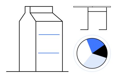 Paketleme tasarımı, piyasa analizi, ürün geliştirme, veri görselleştirme, grafik tasarım, eğitim. Bir süt kutusunun grafiği, bir pasta grafiği ve teknik bir çizim. Paketleme tasarımı ve pazarı