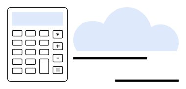 Bulutun yanındaki hesap makinesi teknoloji, finans, veri, analiz ve yeniliği temsil ediyor. Muhasebe, bulut hesaplama, bütçe, iş stratejisi veri yönetimi fintech otomasyonu için ideal