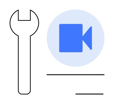 Video üretimi, medya hizmetleri, içerik oluşturma, teknoloji onarımı, yazılım araçları, dijital iş akışı. Açık arkaplanda anahtar ve video kamera simgesi. Video üretimi ve medya hizmetleri