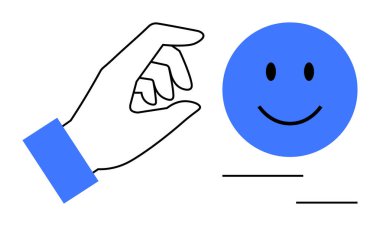 El hareketi konsepti. Mavi mutlu yüzle el hareketi pozitifliği ve iletişimi teşvik eder. El hareketi işbirliği ve insan ilişkilerini ön plana çıkarır. İletişim ve takım çalışmasında kullan