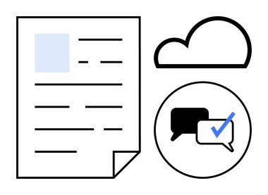 Yazılı belge, işaretli işaretli konuşma baloncukları ve bulut elementi. Takım çalışması, iletişim, veri paylaşımı, doğrulama, bulut depolama, çevrimiçi işbirliği için ideal basit düz