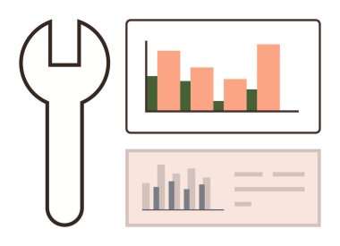 Bar çizelgesi ve veri panelinin yanında, iş optimizasyonunu, analitiği, problem çözmeyi ve gelişimi temsil eden anahtarlar. Strateji, verimlilik, onarım, planlama araçları için ideal basit düz istatistikler