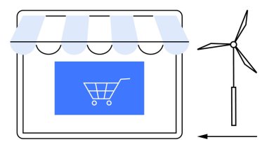 E-ticaret konsepti. E-ticaret mağazası ikonu bir rüzgar türbini çizimi ile eşleştirildi, çevrimiçi iş uygulamalarında sürdürülebilirlik. E-ticaret, çevre dostu iş modelleri. Sürdürülebilirlik