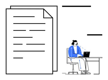 Dijital çalışma alanı. Bilgisayarı ve büyük belgeleri olan bir işçinin dijital kavramları. Dijital ortamlar üretkenliği ve organizasyonu arttırıyor. İş, teknoloji, eğitim, ofis çözümleri veya