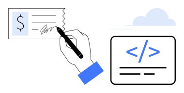 Finansal işlemler, kodlama, yazılım geliştirme, bulut hesaplama, fintech, ticari işlemler. Şifreleme arayüzü ve bulut yakınında çek imzalayan bir el. Mali işlemler ve kodlama