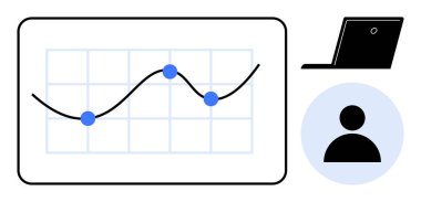 Veri görselleştirme, analitik, kullanıcı deneyimi, iş büyümesi, teknoloji arayüzü, raporlama. Veri noktaları, dizüstü bilgisayar ve kullanıcı simgesi olan bir grafik. Veri görselleştirme ve analiz kavramı