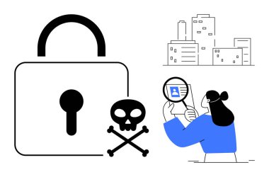 Güvenlik tehditleri. Güvenlik, kimlik analizine odaklanan kilit, kafatası sembolü ve büyüteçle gösterilmiş. Veri korumada güvenlik, kimlik hırsızlığı önleme, siber güvenlik