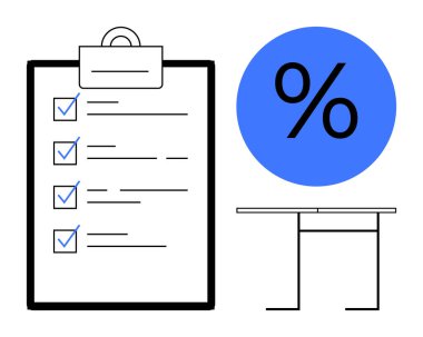 Üretkenlik, organizasyon, görev yönetimi, mali değerlendirme, hedef belirleme, çalışma ortamı. Panodaki kontrol listesi, yüzde sembolü ve masa simgesi. Üretkenlik ve organizasyon kavramı