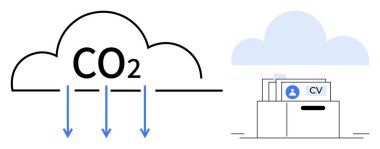 Karbondioksit azaltma kavramı. Karbondioksit emisyon kontrolünün görselleştirilmesi, sürdürülebilir çözümler ve bulut teknolojisinin birleştirilmesi. Karbondioksit vurgusu ekoloji, bulut depolama ve otomasyon ile uyumlu. Çevre için