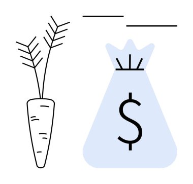 Dolar işaretli havuç ve para çantası. Tarım gelirleri, tarım gelirleri, büyüme, yatırım, ekonomik sürdürülebilirlik, organik tarım. İş, piyasa ve tarım konuları için ideal