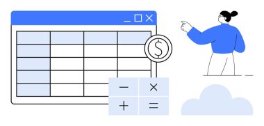 Finansal planlama, veri analizi, bütçe yönetimi, dijital işyeri, bulut hesaplama, takım çalışması. Bir hesap tablosu, hesap makinesi ve bir kişinin işaret ettiği dolar simgesi. Mali planlama ve veri