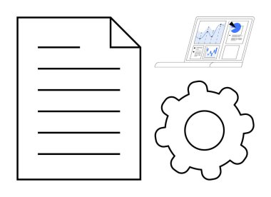 İş operasyonları, veri görselleştirme, proje yönetimi, otomasyon, iş akışı tasarımı, üretkenlik araçları. Belge simgesi, analitik teçhizat sembollü laptop. Veri görselleştirme ve iş