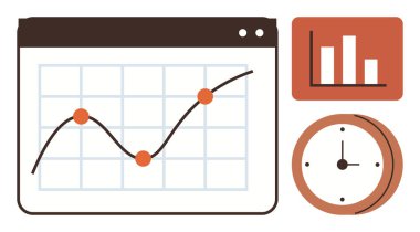 Bir tarayıcı penceresi, çubuk grafiği ve saat içinde çizilmiş noktalar çizelgesi. Veri takibi, analiz, verimlilik, planlama, zaman yönetimi içgörü performansı için idealdir. Basit düz metafor