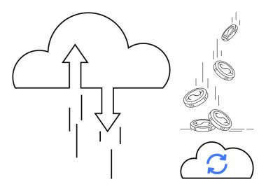 Bulut hesaplama, finansal işlemler, dijital ekonomi, çevrimiçi depolama, senkronizasyon, veri transferi. Bulutun içindeki oklar ve bozuk paralar düşüyor. Bulut hesaplama ve finansal işlemler kavramı