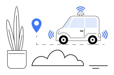 Özerk araç konsepti. Kablosuz bağlantısı ve GPS navigasyonu olan modern bir araba. Otomatik sistemler ulaşımın geleceğini değiştiriyor. Akıllı şehir gelişimi, IOT, hareketlilik, güvenlik