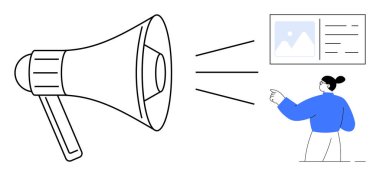 Pazarlama, tanıtım, iletişim, halkla ilişkiler, sanal sunumlar, dijital reklamcılık. Bir megafon ve grafik içerikli bir panele bakan biri. Pazarlama ve iletişim
