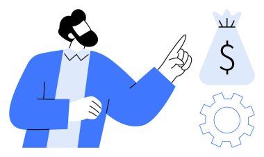 Yatırım, finansal büyüme ve verimliliği öneren, para çantası ve teçhizat gibi mesleki jestler. İş, finans, girişimcilik, ekonomi ve strateji yeniliği için ideal