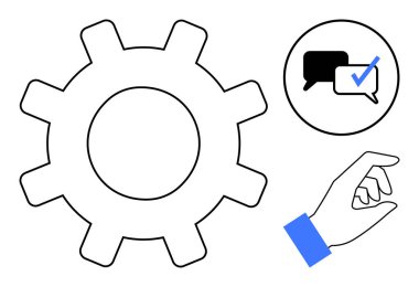 Otomasyon için vites, iletişim için işaretli konuşma balonları ve el hareketi. Takım çalışması, iş akışı, üretkenlik, mesajlaşma, karar verme, süreç yönetimi ve yenilik için ideal