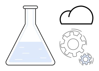 Bilim, teknoloji, yenilik, bulut teknolojisi, araştırma, geliştirme. Sıvı, bulut ve mekanik vitesli bir şişe. Basit görsel elementlerde bilim ve teknoloji kavramı