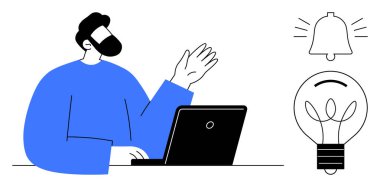 Uzaktan çalışma, yenilik, fikir üretimi, dijital iletişim, bildirimler, verimlilik. Zil ve ampul simgelerinin yanında dizüstü bilgisayar kullanan biri. Uzak çalışma ve yenilik kavramları